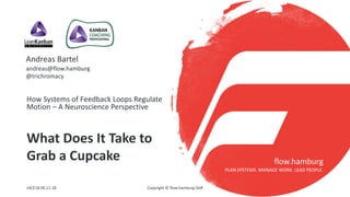 flow.hamburg
PLAN SYSTEMS. MANAGE WORK. LEAD PEOPLE.
Andreas Bartel
andreas@flow.hamburg
@trichromacy
What Does It Take to
Grab a Cupcake
How Systems of Feedback Loops Regulate
Motion – A Neuroscience Perspective
Copyright © flow.hamburg GbRLKCE18 06.11.18
 
