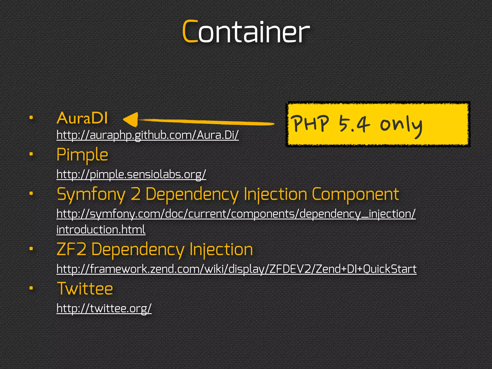 Container
require_once container_prod.php;
$mapper = $container-get('mapper.user');
$mapper-save(new User('John', 'Doe'));



        Find	
 