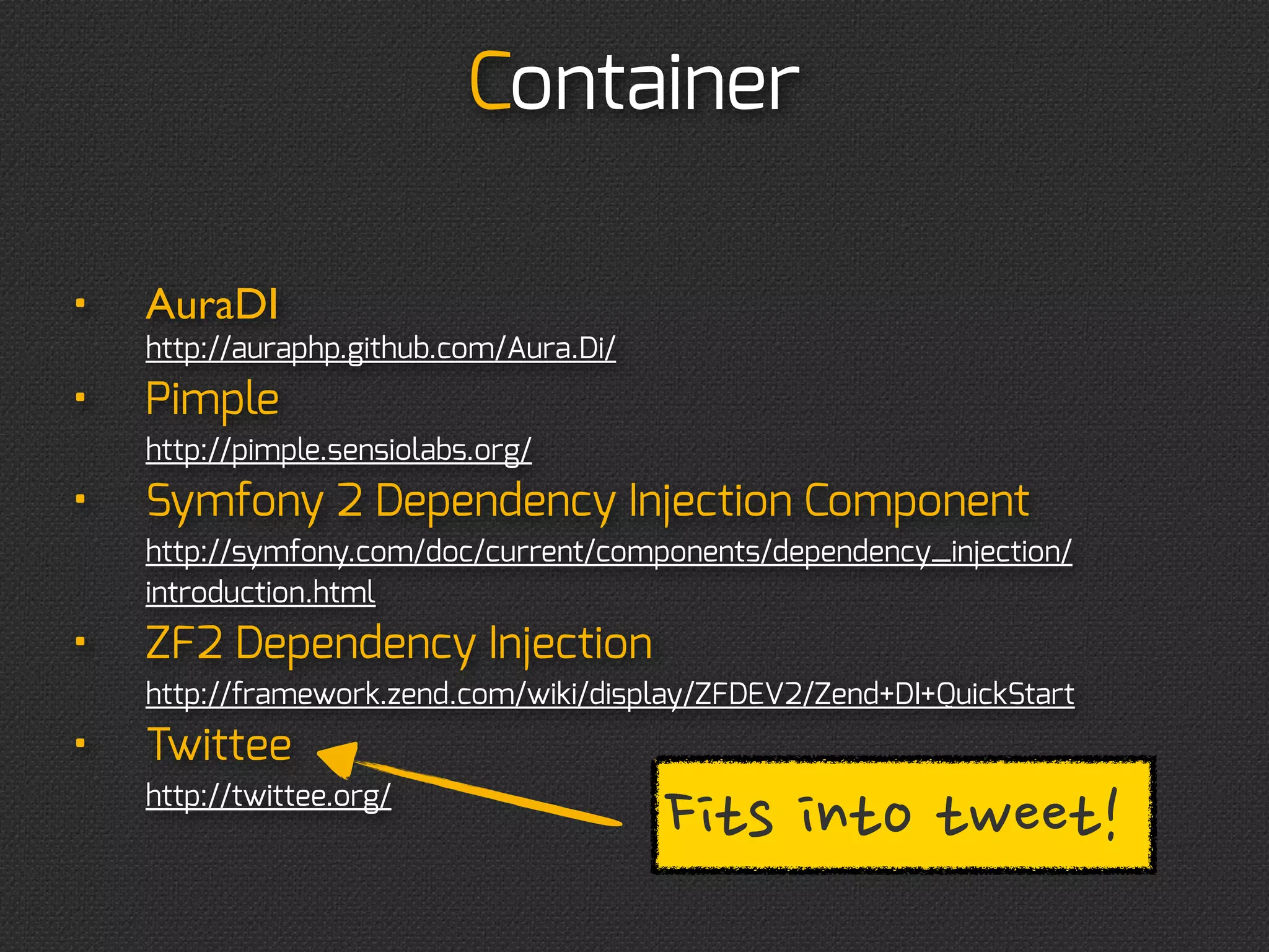 Container
require_once container_prod.php;
$mapper = $container-get('mapper.user');
$mapper-save(new User('John', 'Doe'));




require_once container_dev.php;
$mapper = $container-get('mapper.user');
$mapper-save(new User('John', 'Doe'));
 