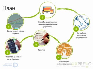 Зачем, почему и с кем дружить 
Как выбрать подходящее представление 
Способы представления магазина на мобильных устройствах 
Как внедрить выбранное решение 
4 
1 
2 
3 
Практика 
5 
Что делать (и чего не делать) дальше 
6 
План  