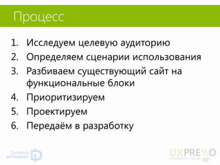Процесс 
1.Исследуем целевую аудиторию 
2.Определяем сценарии использования 
3.Разбиваем существующий сайт на функциональные блоки 
4.Приоритизируем 
5.Проектируем 
6.Передаём в разработку 
 