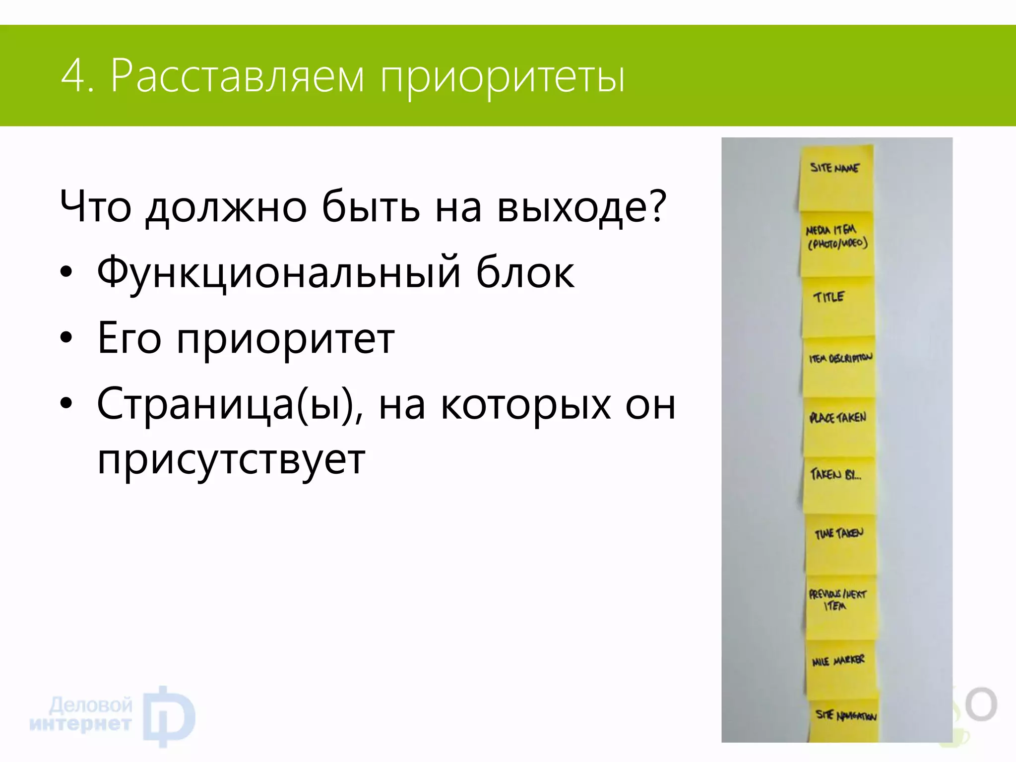 4. Расставляем приоритеты 
Что должно быть на выходе? 
•Функциональный блок 
•Его приоритет 
•Страница(ы), на которых он присутствует  