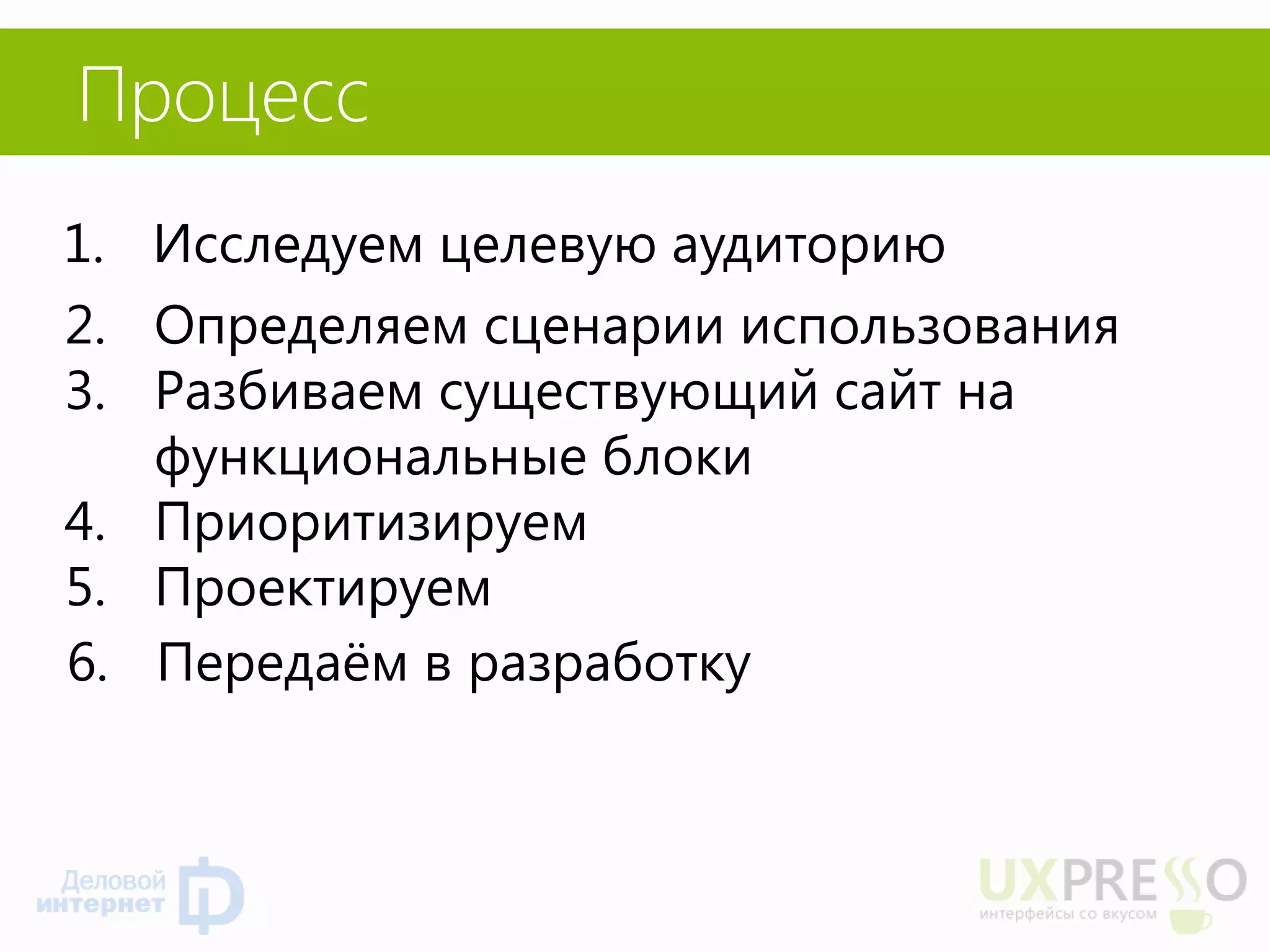 Процесс 
1.Исследуем целевую аудиторию 
2.Определяем сценарии использования 
3.Разбиваем существующий сайт на функциональные блоки 
4.Приоритизируем 
5.Проектируем 
6.Передаём в разработку  