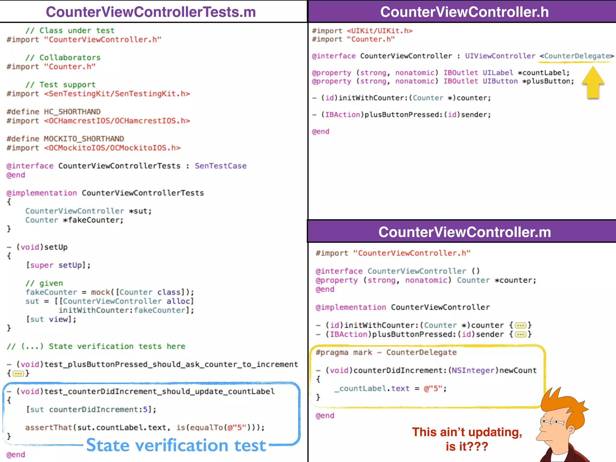 CounterViewController.h
CounterViewController.m
CounterViewControllerTests.m
State veriﬁcation test
This ain’t updating,
is it???
 