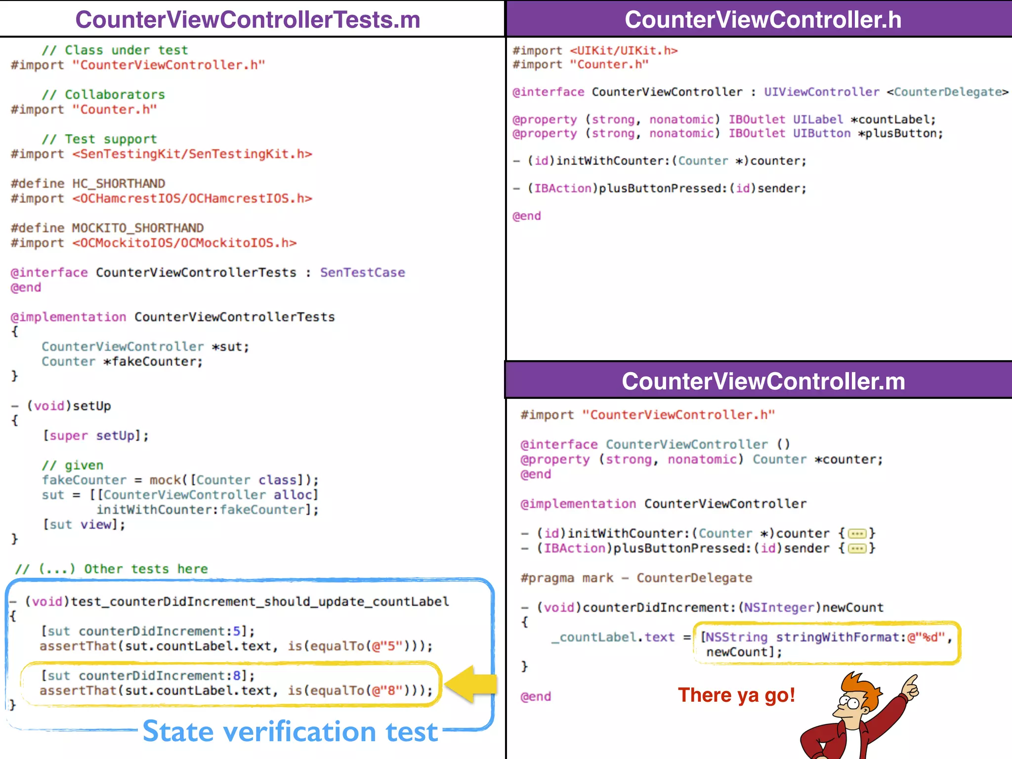 CounterViewController.h
CounterViewController.m
CounterViewControllerTests.m
State veriﬁcation test
There ya go!
 