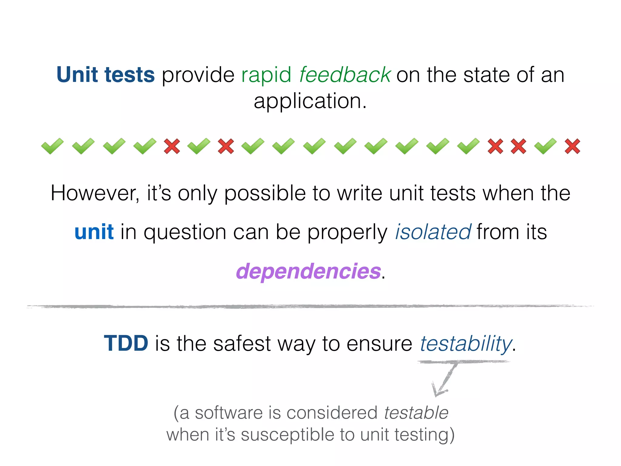 Unit tests provide rapid feedback on the state of an
application.
However, it’s only possible to write unit tests when the
unit in question can be properly isolated from its
dependencies.
TDD is the safest way to ensure testability.
(a software is considered testable
when it’s susceptible to unit testing)
 