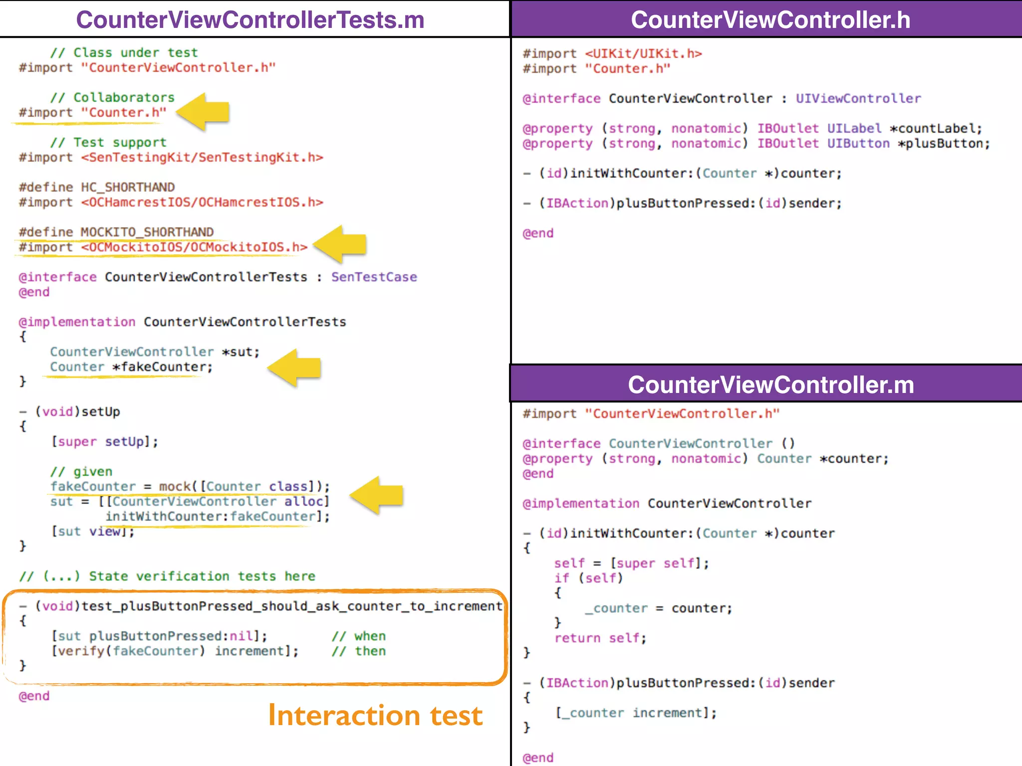 CounterViewController.h
CounterViewController.m
CounterViewControllerTests.m
Interaction test
 