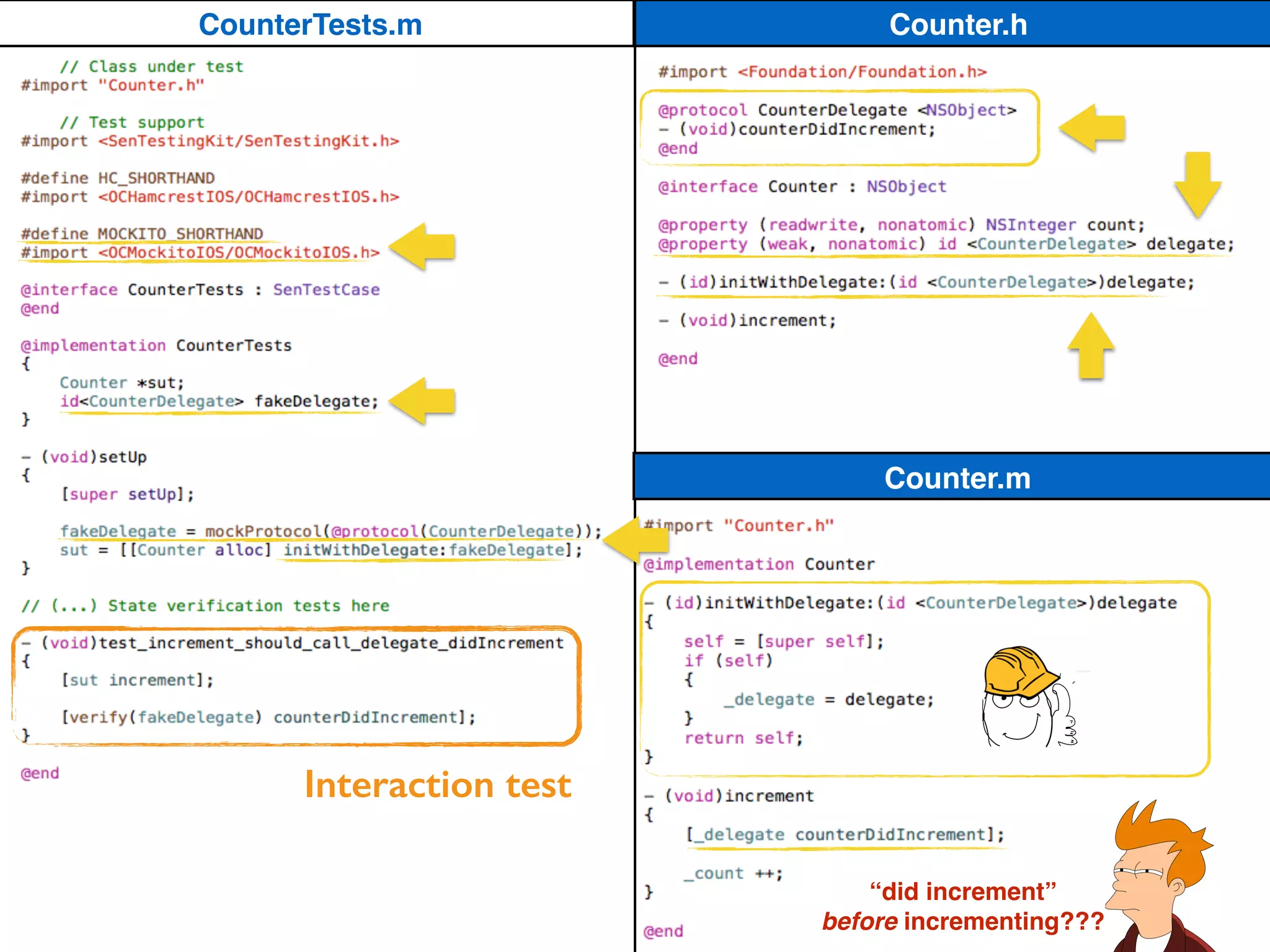 Counter.h
Counter.m
CounterTests.m
Interaction test
“did increment”
before incrementing???
 