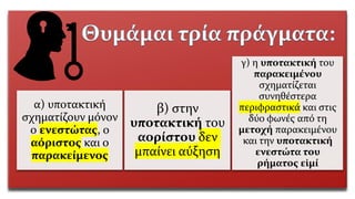 α) υποτακτική
σχηματίζουν μόνον
ο ενεστώτας, ο
αόριστος και ο
παρακείμενος
β) στην
υποτακτική του
αορίστου δεν
μπαίνει αύξηση
γ) η υποτακτική του
παρακειμένου
σχηματίζεται
συνηθέστερα
περιφραστικά και στις
δύο φωνές από τη
μετοχή παρακειμένου
και την υποτακτική
ενεστώτα του
ρήματος εἰμί
 