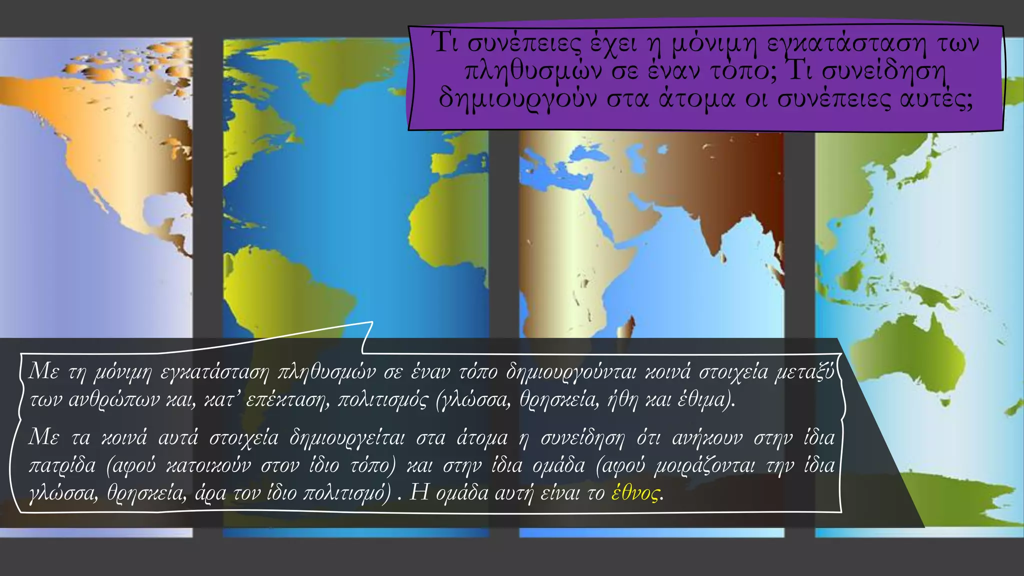 Με τη μόνιμη εγκατάσταση πληθυσμών σε έναν τόπο δημιουργούνται κοινά στοιχεία μεταξύ
των ανθρώπων και, κατ’ επέκταση, πολιτισμός (γλώσσα, θρησκεία, ήθη και έθιμα).
Με τα κοινά αυτά στοιχεία δημιουργείται στα άτομα η συνείδηση ότι ανήκουν στην ίδια
πατρίδα (αφού κατοικούν στον ίδιο τόπο) και στην ίδια ομάδα (αφού μοιράζονται την ίδια
γλώσσα, θρησκεία, άρα τον ίδιο πολιτισμό) . Η ομάδα αυτή είναι το έθνος.
Τι συνέπειες έχει η μόνιμη εγκατάσταση των
πληθυσμών σε έναν τόπο; Τι συνείδηση
δημιουργούν στα άτομα οι συνέπειες αυτές;
 