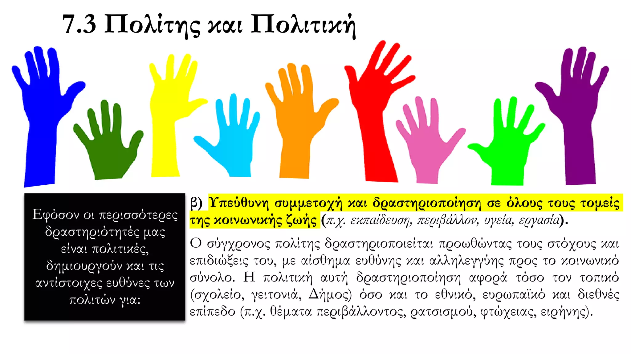 Εφόσον οι περισσότερες
δραστηριότητές μας
είναι πολιτικές,
δημιουργούν και τις
αντίστοιχες ευθύνες των
πολιτών για:
β) Υπεύθυνη συμμετοχή και δραστηριοποίηση σε όλους τους τομείς
της κοινωνικής ζωής (π.χ. εκπαίδευση, περιβάλλον, υγεία, εργασία).
Ο σύγχρονος πολίτης δραστηριοποιείται προωθώντας τους στόχους και
επιδιώξεις του, με αίσθημα ευθύνης και αλληλεγγύης προς το κοινωνικό
σύνολο. Η πολιτική αυτή δραστηριοποίηση αφορά τόσο τον τοπικό
(σχολείο, γειτονιά, Δήμος) όσο και το εθνικό, ευρωπαϊκό και διεθνές
επίπεδο (π.χ. θέματα περιβάλλοντος, ρατσισμού, φτώχειας, ειρήνης).
7.3 Πολίτης και Πολιτική
 