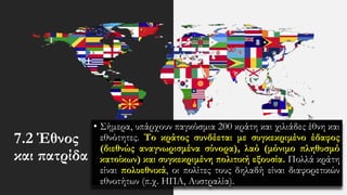 7.2 Έθνος
και πατρίδα
• Σήμερα, υπάρχουν παγκόσμια 200 κράτη και χιλιάδες έθνη και
εθνότητες. Το κράτος συνδέεται με συγκεκριμένο έδαφος
(διεθνώς αναγνωρισμένα σύνορα), λαό (μόνιμο πληθυσμό
κατοίκων) και συγκεκριμένη πολιτική εξουσία. Πολλά κράτη
είναι πολυεθνικά, οι πολίτες τους δηλαδή είναι διαφορετικών
εθνοτήτων (π.χ. ΗΠΑ, Αυστραλία).
 