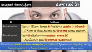 Δυνητικό Απαρέμφατο
Είναι πάντοτε ενεστώτα, αορίστου, παρακειμένου (ποτέ μέλλοντα). Βρίσκεται στον πλάγιο λόγο αντί της
δυνητικής οριστικής ή της δυνητικής ευκτικής, με τη σημασία και τη μετάφραση αυτών.
Ως Παράδειγμα
Δυνητική οριστική Κῦρος, εἰ ἐβίωσεν, ἄριστος ἄν δοκεῖ ἄρχων γενέσθαι (= ἐγένετο ἄν)
[= Ο Κύρος, αν ζούσε, φαίνεται πως θα γινότανάριστος άρχοντας].
Δυνητική ευκτική Κακόν ἄν οἰόμεθα τοῦτον ποιῆσαι (= ποιήσαι ἄν)
[= Νομίζουμε ότι αυτός θα μπορούσενακάνεικακό].
 