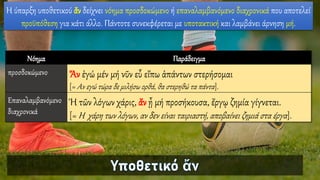 Η ύπαρξη υποθετικού ἄν δείχνει νόημα προσδοκώμενο ή επαναλαμβανόμενο διαχρονικά που αποτελεί
προϋπόθεση για κάτι άλλο. Πάντοτε συνεκφέρεται με υποτακτική και λαμβάνει άρνηση μή.
Νόημα Παράδειγμα
προσδοκώμενο Ἄν ἐγώ μέν μή νῦν εὖ εἴπω ἁπάντων στερήσομαι
[= Αν εγώ τώρα δε μιλήσω ορθά, θα στερηθώ τα πάντα].
Επαναλαμβανόμενο
διαχρονικά
Ἡ τῶν λόγων χάρις, ἄν ᾖ μή προσήκουσα, ἔργῳ ζημία γίγνεται.
[= Η χάρη των λόγων, αν δεν είναι ταιριαστή, αποβαίνει ζημιά στα έργα].
 