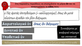 2.Τὰς ἀρετὰς ἐπιτηδεύομεν (= καλλιεργούμε), ὅπως ἂν μετὰ
πλείστων ἀγαθῶν τὸν βίον διάγωμεν.
Καλλιεργούμε τις αρετές, για να περνάμε ενδεχομένως τη ζωή μας με πάρα πολλά αγαθά.
Συνεκφέρεται με
αναφορικό επίρρημα
και υποτακτική
Στις παρακάτω περιόδους να επισημάνετε τα μόρια ἂν και να
αναγνωρίσετε το είδος τους:
 