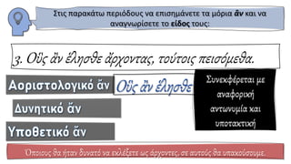3. Οὓς ἂν ἕλησθε ἄρχοντας, τούτοις πεισόμεθα.
Όποιους θα ήταν δυνατό να εκλέξετε ως άρχοντες, σε αυτούς θα υπακούσουμε.
Στις παρακάτω περιόδους να επισημάνετε τα μόρια ἂν και να
αναγνωρίσετε το είδος τους:
Συνεκφέρεται με
αναφορική
αντωνυμία και
υποτακτική
 