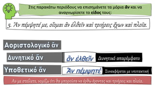 5. Ἂν πέμψητέ με, οἴομαι ἂν ἐλθεῖν καὶ τριήρεις ἔχων καὶ πλοῖα.
Αν με στείλετε, νομίζω ότι θα μπορούσα να έρθω έχοντας και τριήρεις και πλοία.
Συνεκφέρεται με υποτακτική
Δυνητικό απαρέμφατο
Στις παρακάτω περιόδους να επισημάνετε τα μόρια ἂν και να
αναγνωρίσετε το είδος τους:
 