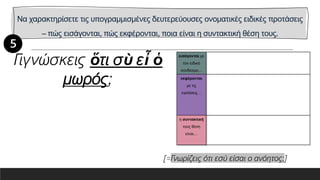 Να χαρακτηρίσετε τις υπογραμμισμένες δευτερεύουσες ονοματικές ειδικές προτάσεις
– πώς εισάγονται, πώς εκφέρονται, ποια είναι η συντακτική θέση τους.
εισάγονται με
τον ειδικό
σύνδεσμο…
εκφέρονται
με τις
εγκλίσεις…
η συντακτική
τους θέση
είναι…
Γιγνώσκεις ὅτι σὺ εἶ ὁ
μωρός;
[=Γνωρίζεις ότι εσύ είσαι ο ανόητος;]
 