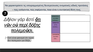 Να χαρακτηρίσετε τις υπογραμμισμένες δευτερεύουσες ονοματικές ειδικές προτάσεις
– πώς εισάγονται, πώς εκφέρονται, ποια είναι η συντακτική θέση τους.
εισάγονται με
τον ειδικό
σύνδεσμο…
εκφέρονται
με τις
εγκλίσεις…
η συντακτική
τους θέση
είναι…
Δῆλον γάρ ἐστί ὅτι
νῦν οὐ περί δόξης
πολεμοῦσι.
[=Γιατί είναι φανερό ότι τώρα
δεν πολεμούν για δόξα.]
 