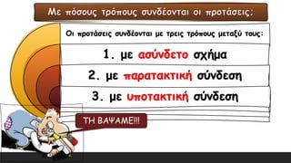 Οι προτάσεις συνδέονται με τρεις τρόπους μεταξύ τους:
1. με ασύνδετο σχήμα
2. με παρατακτική σύνδεση
3. με υποτακτική σύνδεση
ΤΗ ΒΑΨΑΜΕ!!!
 