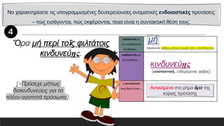 Να χαρακτηρίσετε τις υπογραμμισμένες δευτερεύουσες ονοματικές ενδοιαστικές προτάσεις
– πώς εισάγονται, πώς εκφέρονται, ποια είναι η συντακτική θέση τους.
εισάγονται με
τον ενδοιαστικό
σύνδεσμο…
εκφέρονται με
τις εγκλίσεις…
η συντακτική
τους θέση είναι…
Ὅρα μή περί τοῖς φιλτάτοις
κινδυνεύῃς.
Αντικείμενο στο ρήμα ὅρα της
κύριας πρότασης
[=Πρόσεχε μήπως
διακινδυνεύεις για τα
πλέον αγαπητά πρόσωπα].
 