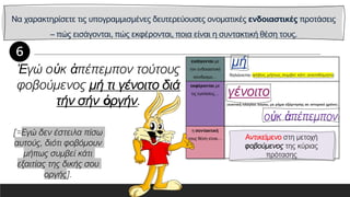 Να χαρακτηρίσετε τις υπογραμμισμένες δευτερεύουσες ονοματικές ενδοιαστικές προτάσεις
– πώς εισάγονται, πώς εκφέρονται, ποια είναι η συντακτική θέση τους.
εισάγονται με
τον ενδοιαστικό
σύνδεσμο…
εκφέρονται με
τις εγκλίσεις…
η συντακτική
τους θέση είναι…
Ἐγώ οὐκ ἀπέπεμπον τούτους
φοβούμενος μή τι γένοιτο διά
τήν σήν ὀργήν.
Αντικείμενο στη μετοχή
φοβούμενος της κύριας
πρότασης
[=Εγώ δεν έστειλα πίσω
αυτούς, διότι φοβόμουν
μήπως συμβεί κάτι
εξαιτίας της δικής σου
οργής].
 