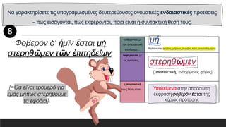 Να χαρακτηρίσετε τις υπογραμμισμένες δευτερεύουσες ονοματικές ενδοιαστικές προτάσεις
– πώς εισάγονται, πώς εκφέρονται, ποια είναι η συντακτική θέση τους.
εισάγονται με
τον ενδοιαστικό
σύνδεσμο…
εκφέρονται με
τις εγκλίσεις…
η συντακτική
τους θέση είναι…
Φοβερόν δ’ ἡμῖν ἔσται μή
στερηθῶμεν τῶν ἐπιτηδείων.
Υποκείμενα στην απρόσωπη
έκφραση φοβερόν ἔσται της
κύριας πρότασης
[=Θα είναι τρομερό για
εμάς μήπως στερηθούμε
τα εφόδια].
 