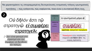 Να χαρακτηρίσετε τις υπογραμμισμένες δευτερεύουσες ονοματικές πλάγιες ερωτηματικές
προτάσεις – πώς εισάγονται, πώς εκφέρονται, ποια είναι η συντακτική θέση τους.
εισάγονται
με…
εκφέρονται
με τις
εγκλίσεις…
η συντακτική
τους θέση
είναι…
Οὐ δῆλόν ἐστι τῷ
στρατηγῷ εἰ συμφέρει
στρατηγεῖν.
[= Δεν είναι φανερό στο
στρατηγό εάν τον
συμφέρει να διευθύνει
τον πόλεμο].
Υποκείμενο στην απρόσωπη
έκφραση οὐ δῆλόν ἐστι της
κύριας πρότασης
 