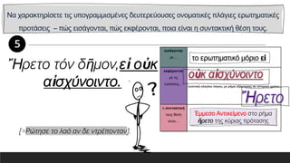 Να χαρακτηρίσετε τις υπογραμμισμένες δευτερεύουσες ονοματικές πλάγιες ερωτηματικές
προτάσεις – πώς εισάγονται, πώς εκφέρονται, ποια είναι η συντακτική θέση τους.
εισάγονται
με…
εκφέρονται
με τις
εγκλίσεις…
η συντακτική
τους θέση
είναι…
Ἤρετο τόν δῆμον,εἰ οὐκ
αἰσχύνοιντο.
Έμμεσο Αντικείμενο στο ρήμα
ἤρετο της κύριας πρότασης
[=Ρώτησε το λαό αν δε ντρέπονταν].
 