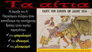 Η έκρηξη του Α΄
Παγκόσμιου πολέμου ήταν
αποτέλεσμα της ταυτόχρονης
δράσης τριών κυρίως
παραγόντων:
✓του ιμπεριαλισμού
✓του εθνικισμού
✓του μιλιταρισμού
Σατιρικοί χάρτες απεικονίζουν τους εθνικιστικούς ανταγωνισμούς ανάμεσα στα κράτη της εποχής
 