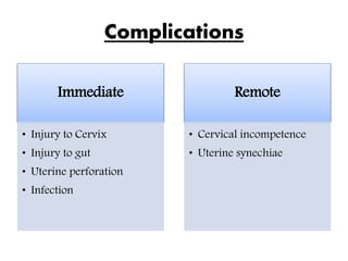 Complications
Immediate
• Injury to Cervix
• Injury to gut
• Uterine perforation
• Infection
Remote
• Cervical incompetence
• Uterine synechiae