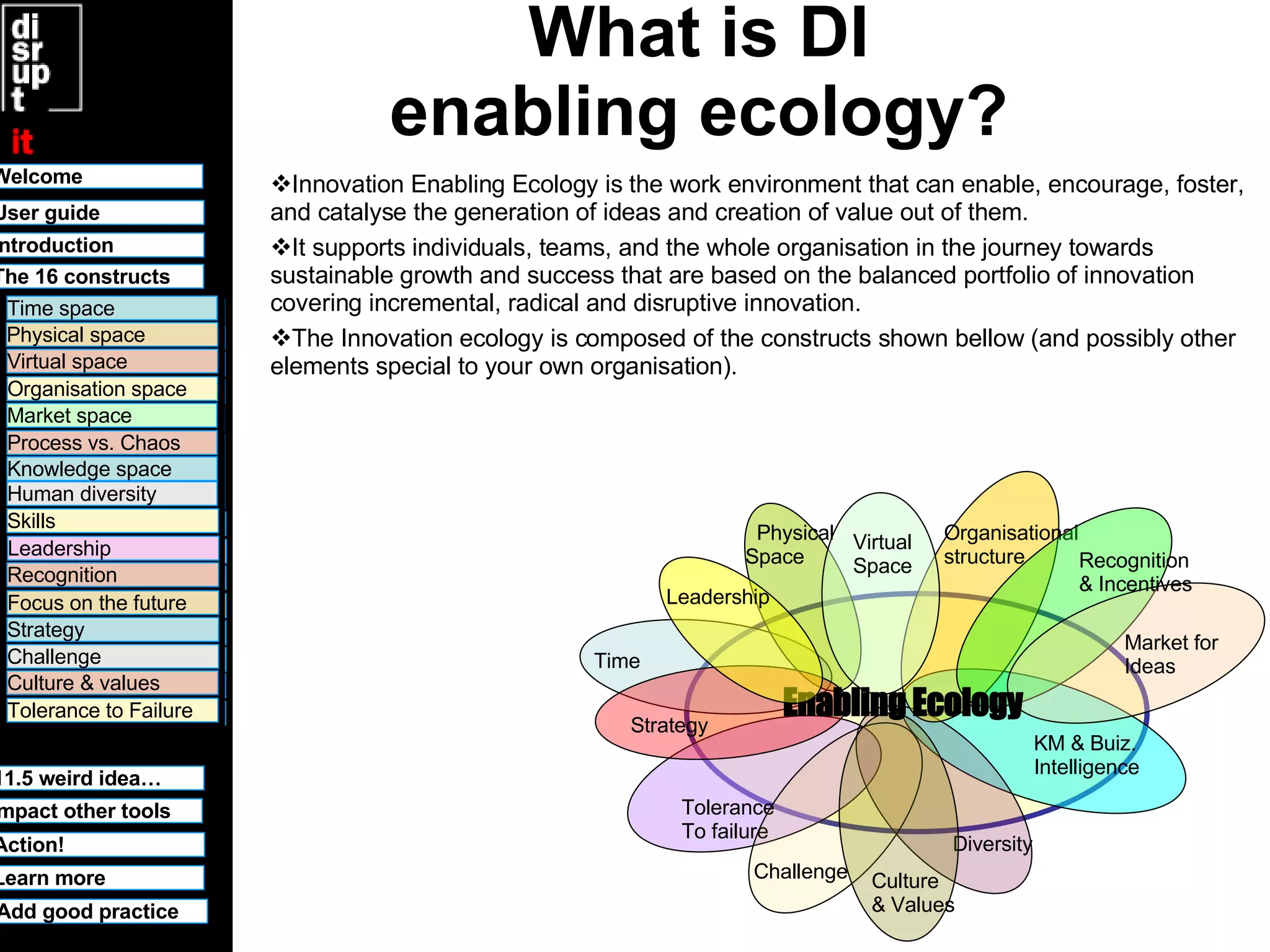 What is DI enabling ecology? Innovation Enabling Ecology is the work environment that can enable, encourage, foster, and catalyse the generation of ideas and creation of value out of them.  It supports individuals, teams, and the whole organisation in the journey towards sustainable growth and success that are based on the balanced portfolio of innovation covering incremental, radical and disruptive innovation.  The Innovation ecology is composed of the constructs shown bellow (and possibly other elements special to your own organisation). Time Organisational  structure Tolerance To failure Diversity Physical Space Virtual Space Strategy Challenge Culture & Values Enabling Ecology Market for Ideas Recognition  & Incentives KM & Buiz.  Intelligence  Leadership Welcome Time space Physical space Virtual space Organisation space Market space Human diversity User guide Knowledge space Leadership Recognition Culture & values Tolerance to Failure 11.5 weird idea… Challenge Strategy Focus on the future Process vs. Chaos Skills Learn more Introduction Impact other tools The 16 constructs Action! Add good practice Welcome Time space Physical space Virtual space Organisation space Market space Human diversity User guide Knowledge space Leadership Recognition Culture & values Tolerance to Failure 11.5 weird idea… Challenge Strategy Focus on the future Process vs. Chaos Skills Learn more Introduction Impact other tools The 16 constructs Action! Add good practice 