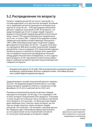 Интернет-торговля детскими товарами – 2014
17
5.2.	Распределение по возрасту
Сегмент товаров для детей не только «женский» по
составу аудитории, но и достаточно молодой. Основная
часть аудитории сегмента приходится на возрастные
группы от 25 до 44 лет - 67% при среднем показателе
для всех товарных категорий в 53%. Естественно, что
среди молодежи до 25 лет и среди людей старшего
возраста покупателей товаров для детей относительно
мало: только 13% покупателей детских товаров моло-
же 25 лет, и только 20% - старше 45 (в среднем по всем
товарным категориям соответствующие показатели –
19% и 28%). Максимальный спрос на детские товары
фиксируется в категории 25-34 лет – на долю этой груп-
пы приходится 48% всех онлайн-покупателей товаров
для детей (и только в среднем 31% покупателей в других
сегментах рынка e-commerce). Внутри этого десятилет-
него интервала покупатели распределены пополам
между двумя пятилетними интервалами, то есть аудито-
рия в возрасте 25-34 года является практически равно-
мерно наиболее активной группой покупателей детских
товаров в интернете.
Средний возраст онлайн-покупателей детских товаров –
32,3 лет. По среднему возрасту ближе всего к исследу-
емому сегменту находятся сегменты «косметика и пар-
фюмерия» (31,3 лет) и «автозапчасти» (33,5 лет).
Половина покупателей в сегменте детских товаров
приходится на возраст 25-34 года, и это примерно 15%
от всех интернет-покупателей этого возраста. Учитывая,
что все же дети есть больше чем у половины населения
этого возраста, это означает, что большинство людей,
даже имеющих опыт покупки через интернет, до сих
пор не готовы покупать через интернет товары
для детей. Это означает, что интернет-торговлю детски-
ми товарами ждет в ближайшее время кратный рост
за счет увеличения числа покупателей в сегменте
из числа уже покупающих в интернете людей.
В возрастной группе 25-34 года 10% пользователей интернета являются
активными покупателями детских товаров онлайн. Это вдвое больше,
чем в любой другой возрастной группе.
... кратный рост за счет
увеличения числа покупате-
лей в сегменте из числа уже
покупающих в интернете
людей.
 