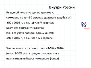 D
insight
AT
A
Внутри России
Въездной поток («с целью туризма»,
суммарно по топ-50 странам дальнего зарубежья):
-6% в 2016 г., в т.ч. -16% в IV квартале
Без учета приграничных стран
(т.е. без учета поездок одним днем):
-2% в 2016 г., в т.ч. -1% в IV квартале
Заполняемость гостиниц: рост +3-5% в 2016 г.
(плюс 5-10% роста среднего тарифа плюс
незначительный рост номерного фонда)
 