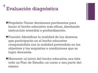 Propósito: Tomar decisiones pertinentes para hacer el hecho educativo más eficaz, diseñando instrucci ón remedial o profundización. Función: Identificar la realidad de los alumnos que participarán en el hecho educativo comparándola con la realidad pretendida en los objetivos y los requisitos o condiciones que su logro demanda. Momento: al inicio del hecho educativo, sea éste todo un Plan de Estudio, un curso o una parte del mismo. Evaluación diagnóstica 