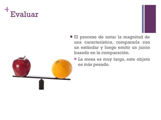 Evaluar El proceso de notar la magnitud de una característica, compararla con un estándar y luego emitir un juicio basado en la comparación. La mesa es muy larga, este objeto es más pesado. 