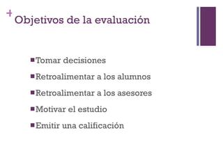 Tomar decisiones Retroalimentar a los alumnos Retroalimentar a los asesores Motivar el estudio Emitir una calificación Objetivos de la evaluación 