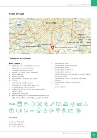 94
Фулфилмент для интернет-торговли
Карта складов
Товарные категории
Есть клиенты:
•	 автозапчасти и автоэлектроника
•	 крупная бытовая техника
•	 мелкая бытовая техника
•	 диски с играми, кино, музыкой
•	 инструменты
•	 интим-товары
•	 канцтовары, товары для офиса
•	 книги
•	 косметика, парфюмерия
•	 лекарства, товары для здоровья
•	 музыкальные инструменты
•	 одежда и обувь (в том числе детские),
аксессуары
•	 сувениры, подарки
•	 техника для дома и портативая электроника
(ТВ, компьютеры, смартфоны, аудиовидео)
•	 товары для дачи
•	 товары для детей, игрушки
•	 товары для дома
•	 товары для животных
•	 товары для курения
•	 товары для ремонта и строительства (кроме
инструментов)
•	 товары для спорта, туризма, рыбалки
и охоты
•	 товары для хобби и рукоделия
•	 часы
•	 шины и диски
Контакты
Антонов Алексей
info@easyway.ru
+7 (495) 640-01-02
Профиль компании EASY WAY
 