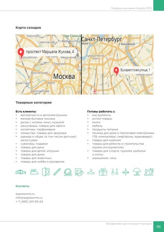 96
Фулфилмент для интернет-торговли
Профиль компании Express RMS
Карта складов
Товарные категории
Есть клиенты:
•	 автозапчасти и автоэлектроника
•	 мелкая бытовая техника
•	 диски с играми, кино, музыкой
•	 канцтовары, товары для офиса
•	 косметика, парфюмерия
•	 лекарства, товары для здоровья
•	 одежда и обувь (в том числе детские),
аксессуары
•	 сувениры, подарки
•	 товары для дачи
•	 товары для детей, игрушки
•	 товары для дома
•	 товары для животных
•	 товары для хобби и рукоделия
Готовы работать c:
•	 инструменты
•	 интим-товары
•	 книги
•	 мебель
•	 продукты питания
•	 техника для дома и портативая электроника
(ТВ, компьютеры, смартфоны, аудиовидео)
•	 товары для курения
•	 товары для ремонта и строительства
(кроме инструментов)
•	 товары для спорта, туризма, рыбалки
и охоты
•	 украшения, часы
Контакты
expressrms.ru
info@expressrms.ru
+ 7 (495) 241-05-24
 
