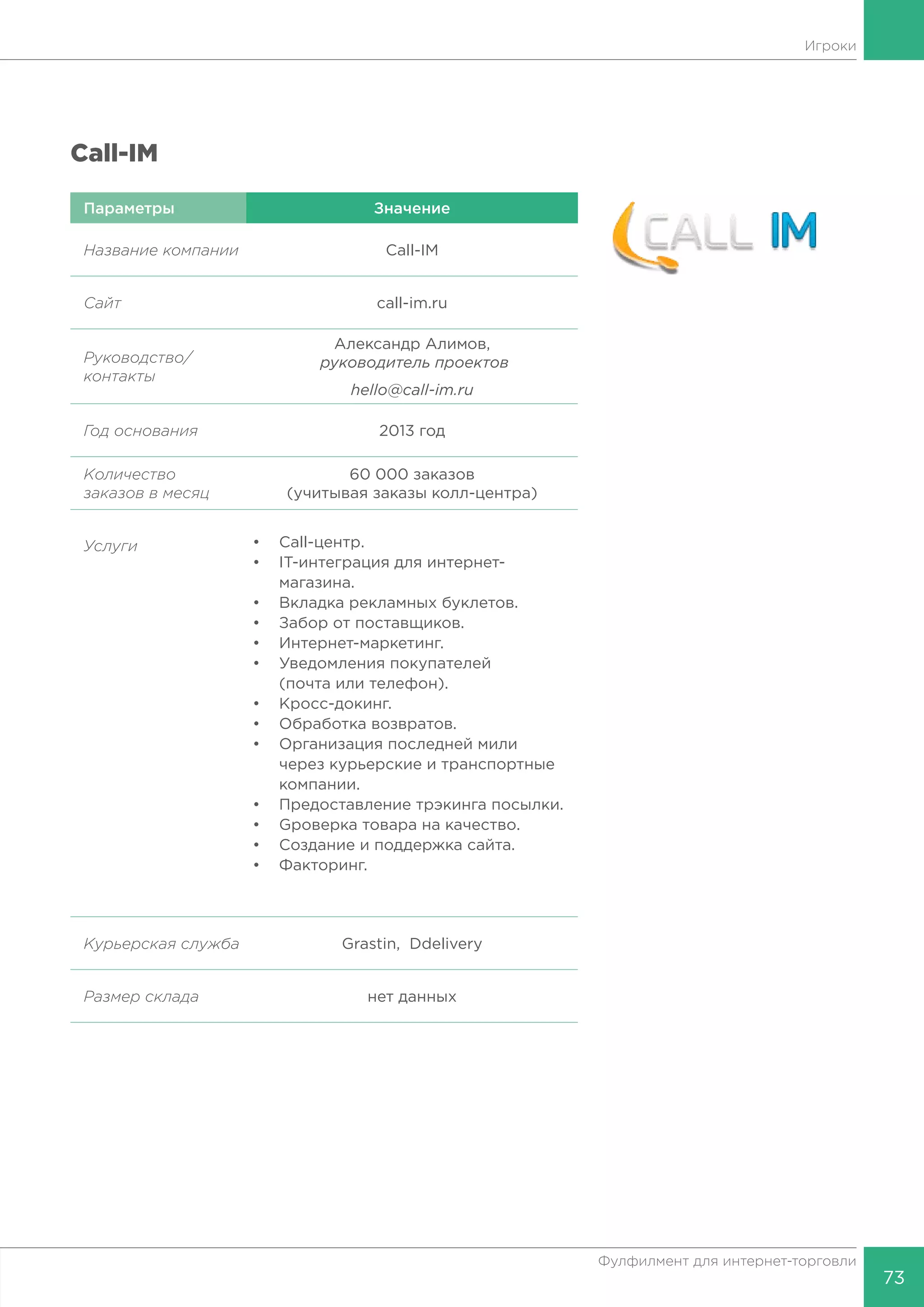 73
Фулфилмент для интернет-торговли
Игроки
Call-IM
Параметры Значение
Название компании Сall-IM
Сайт call-im.ru
Руководство/
контакты
Александр Алимов,
руководитель проектов
hello@call-im.ru
Год основания 2013 год
Количество
заказов в месяц
60 000 заказов
(учитывая заказы колл-центра)
Услуги •	Call-центр.
•	 IT-интеграция для интернет-
	магазина.
•	 Вкладка рекламных буклетов.
•	 Забор от поставщиков.
•	Интернет-маркетинг.
•	 Уведомления покупателей
	 (почта или телефон).
•	Кросс-докинг.
•	 Обработка возвратов.
•	 Организация последней мили
	 через курьерские и транспортные
	компании.
•	 Предоставление трэкинга посылки.
•	 Gроверка товара на качество.
•	 Создание и поддержка сайта.
•	Факторинг.
Курьерская служба Grastin, Ddelivery
Размер склада нет данных
 