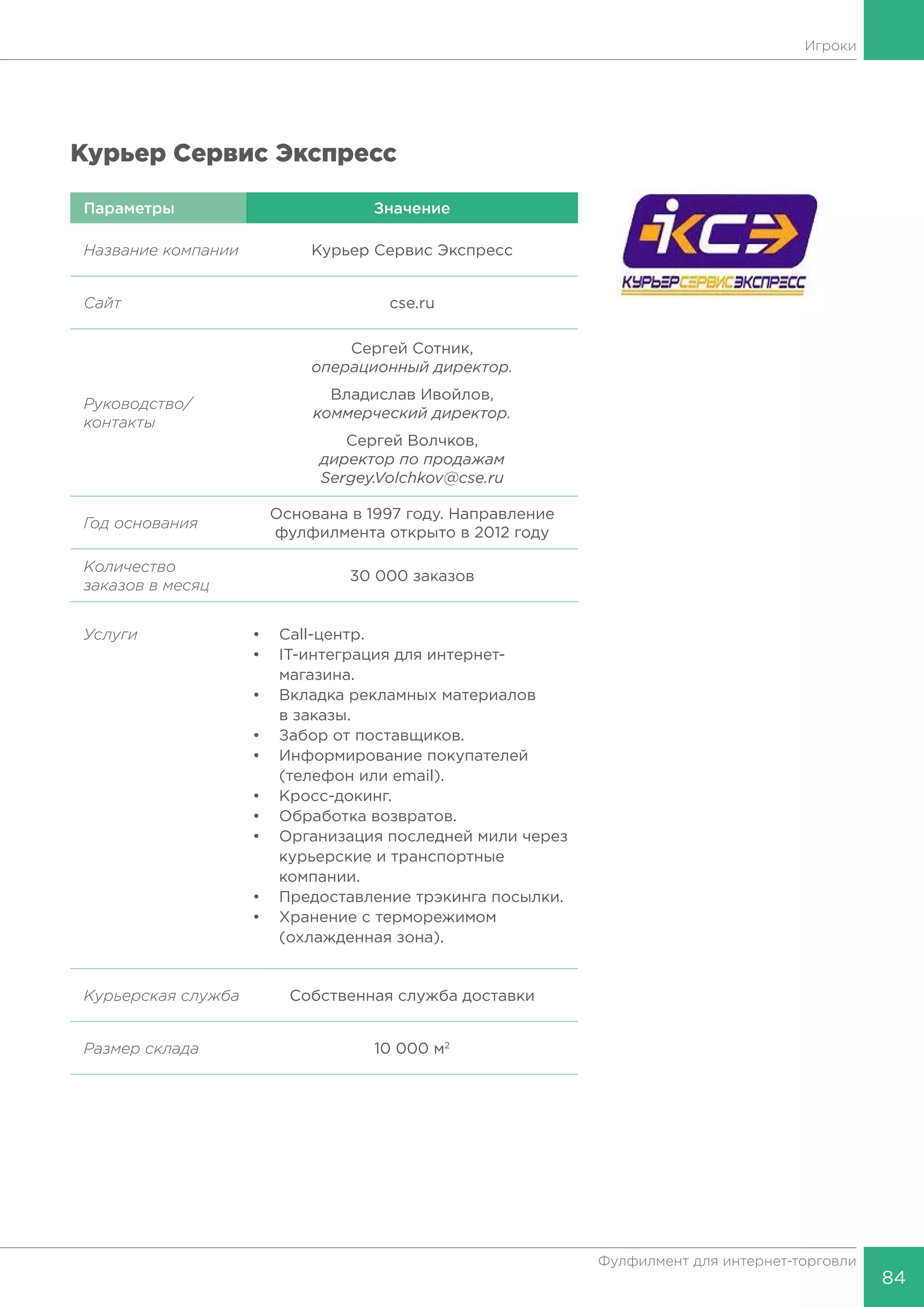 84
Фулфилмент для интернет-торговли
Игроки
Курьер Cервис Экспресс
Параметры Значение
Название компании Курьер Cервис Экспресс
Сайт cse.ru
Руководство/
контакты
Сергей Сотник,
операционный директор.
Владислав Ивойлов,
коммерческий директор.
Сергей Волчков,
директор по продажам
Sergey.Volchkov@cse.ru
Год основания
Основана в 1997 году. Направление
фулфилмента открыто в 2012 году
Количество
заказов в месяц
30 000 заказов
Услуги •	Call-центр.
•	 IT-интеграция для интернет-
	магазина.
•	 Вкладка рекламных материалов
	 в заказы.
•	 Забор от поставщиков.
•	 Информирование покупателей
	 (телефон или email).
•	Кросс-докинг.
•	 Обработка возвратов.
•	 Организация последней мили через
	 курьерские и транспортные
	компании.
•	 Предоставление трэкинга посылки.
•	 Хранение с терморежимом
	 (охлажденная зона).
Курьерская служба Собственная служба доставки
Размер склада 10 000 м2
 