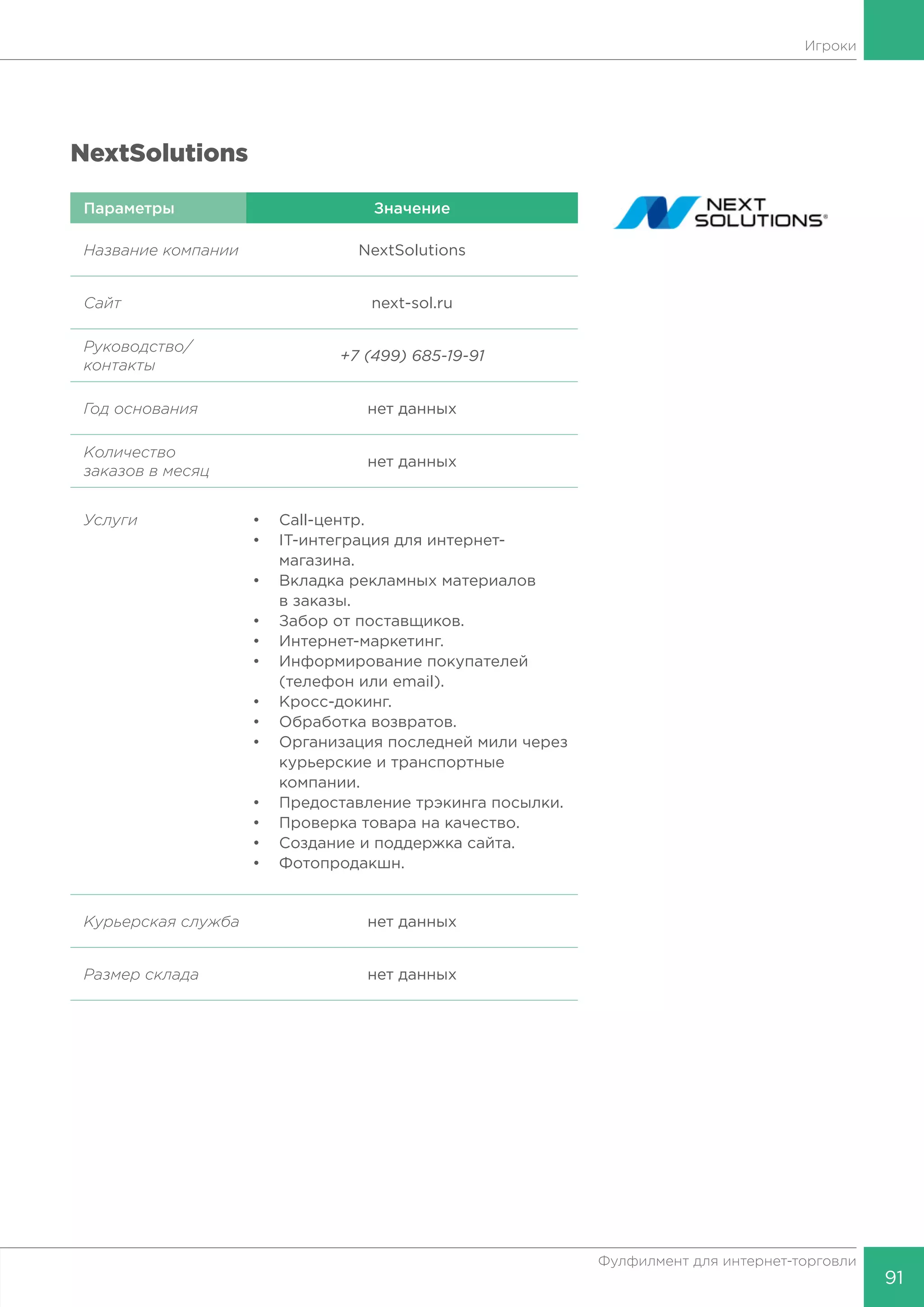 91
Фулфилмент для интернет-торговли
NextSolutions
Параметры Значение
Название компании NextSolutions
Сайт next-sol.ru
Руководство/
контакты
+7 (499) 685-19-91
Год основания нет данных
Количество
заказов в месяц
нет данных
Услуги •	Call-центр.
•	 IT-интеграция для интернет-
	магазина.
•	 Вкладка рекламных материалов
	 в заказы.
•	 Забор от поставщиков.
•	Интернет-маркетинг.
•	 Информирование покупателей
	 (телефон или email).
•	Кросс-докинг.
•	 Обработка возвратов.
•	 Организация последней мили через
	 курьерские и транспортные
	компании.
•	 Предоставление трэкинга посылки.
•	 Проверка товара на качество.
•	 Создание и поддержка сайта.
•	Фотопродакшн.
Курьерская служба нет данных
Размер склада нет данных
Игроки
 