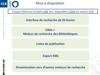 Mise à disposition
Chaque référence encodée UNE fois ; disponible à TOUS les auteurs ULB

Interface de recherche de DI-fusion
Cible +
Moteur de recherche des Bibliothèques
Listes de publication
Export XML
Dissémination vers d’autres moteurs de recherche
7

 