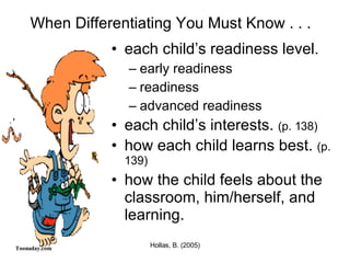 When Differentiating You Must Know . . . each child’s readiness level. early readiness readiness advanced readiness each child’s interests.  (p. 138) how each child learns best.  (p. 139) how the child feels about the classroom, him/herself, and learning. Toonaday.com 