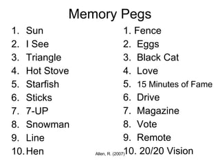 Memory Pegs Sun I See Triangle Hot Stove Starfish Sticks 7-UP Snowman Line Hen Fence Eggs Black Cat Love 15 Minutes of Fame Drive Magazine Vote Remote 20/20 Vision 