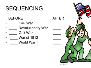 SEQUENCING BEFORE  AFTER ____  Civil War    ____ ____  Revolutionary War  ____ ____  Gulf War   ____ ____ War of 1812   ____ ____ World War II   ____ 