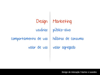 Design    Marketing
             usuários   público-alvo

comportamento de uso    hábitos de consumo

         valor de uso   valor agregado




                              Design de Interação | Karine e Leandro
 