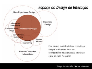 Espaço do Design de Interação




     Este campo multidisciplinar centraliza e
     integra as diversas áreas de
     conhecimento relacionadas a interação
     entre artefato / usuários



              Design de Interação | Karine e Leandro
 