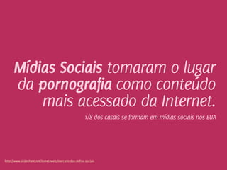 Mídias Sociais tomaram o lugar
     da pornografia como conteúdo
         mais acessado da Internet.
                                                      1/8 dos casais se formam em mídias sociais nos EUA




http://www.slideshare.net/Inmetaweb/mercado-das-mdias-sociais
                                                                           Design de Interação | Karine e Leandro
 