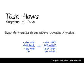 Task flows
diagrama de fluxo

Fluxos são interações de um indivíduo, elementos / escolhas




                                        Design de Interação | Karine e Leandro
 